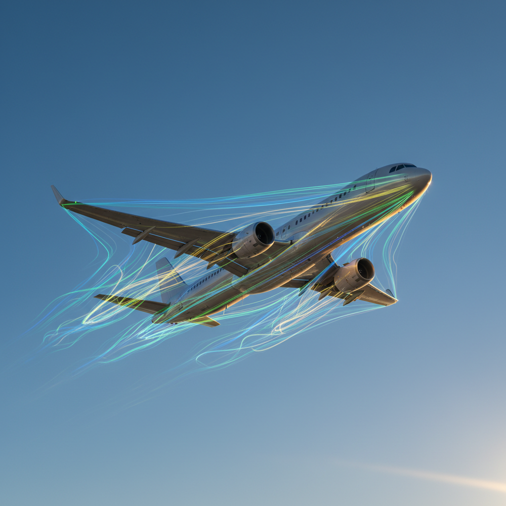 Uma aeronave comercial cruza os céus, enquanto os padrões invisíveis do fluxo de ar ao seu redor são dramaticamente revelados, simbolizando a nova era na compreensão aerodinâmica.