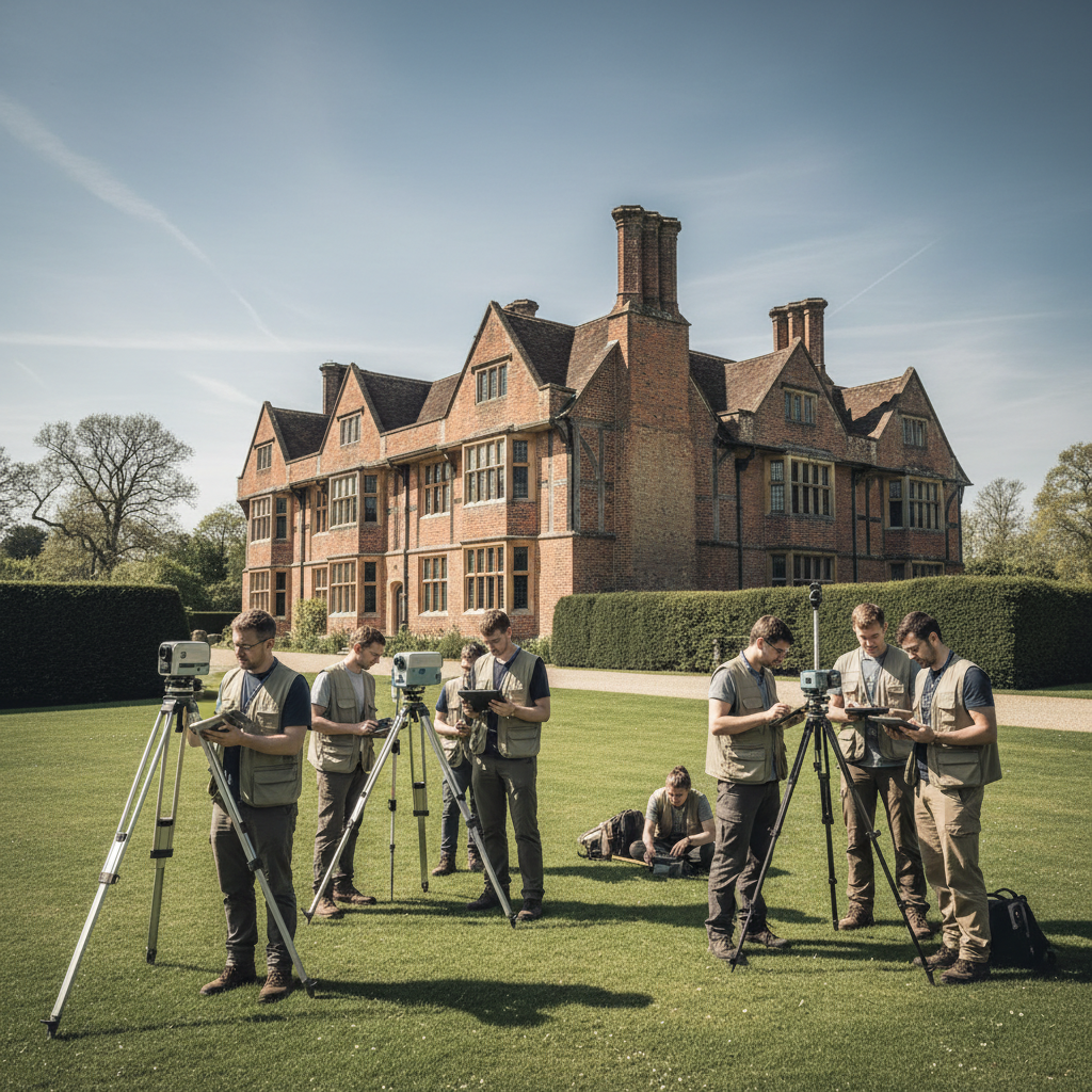 A equipe do Dr. Marco Funari em ação, utilizando tecnologia avançada para documentar a West Horsley Place, um monumento histórico britânico do século XV.