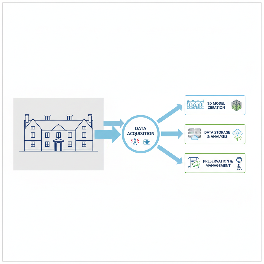 Diagrama conceitual que ilustra o fluxo de trabalho da preservação digital, desde a aquisição de dados 3D de estruturas históricas até a gestão e o legado para futuras gerações.