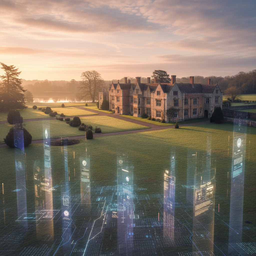 A majestosa West Horsley Place, um palimpsesto de eras, banhada pela luz dourada, simboliza a união entre o patrimônio histórico e a tecnologia que assegura seu legado para o futuro.