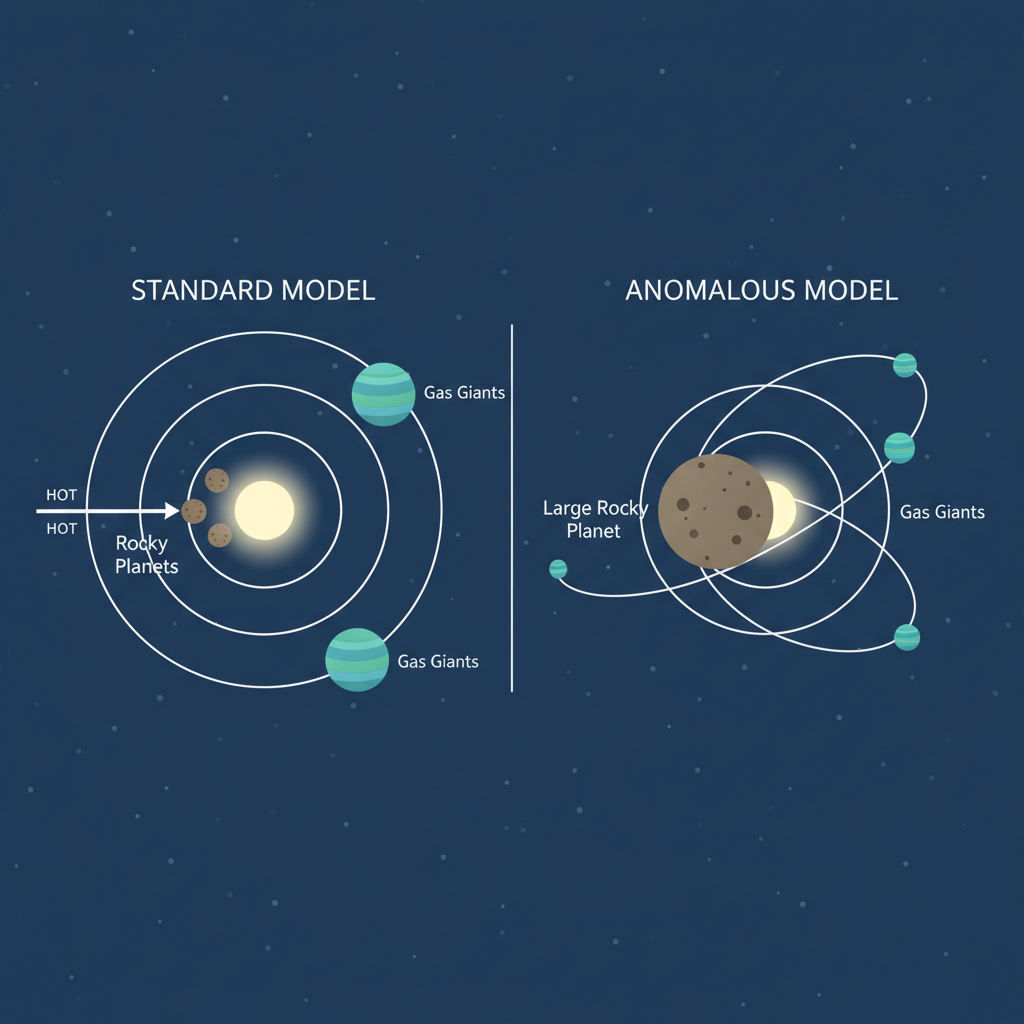 Um diagrama comparativo ilustra a arquitetura planetária tradicional do nosso Sistema Solar versus o novo cenário desafiador. A proximidade de um planeta rochoso gigante a sua estrela anã vermelha questiona as teorias estabelecidas de formação planetária.