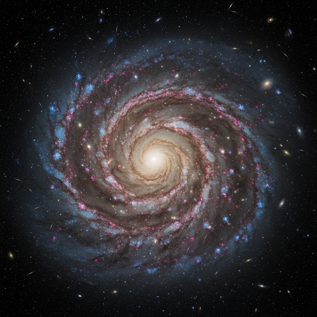 A grandiosidade de uma galáxia espiral, um palco cósmico onde bilhões de estrelas e seus planetas dançam. Cada ponto de luz pode abrigar segredos que desafiam nossa compreensão do universo e suas leis.