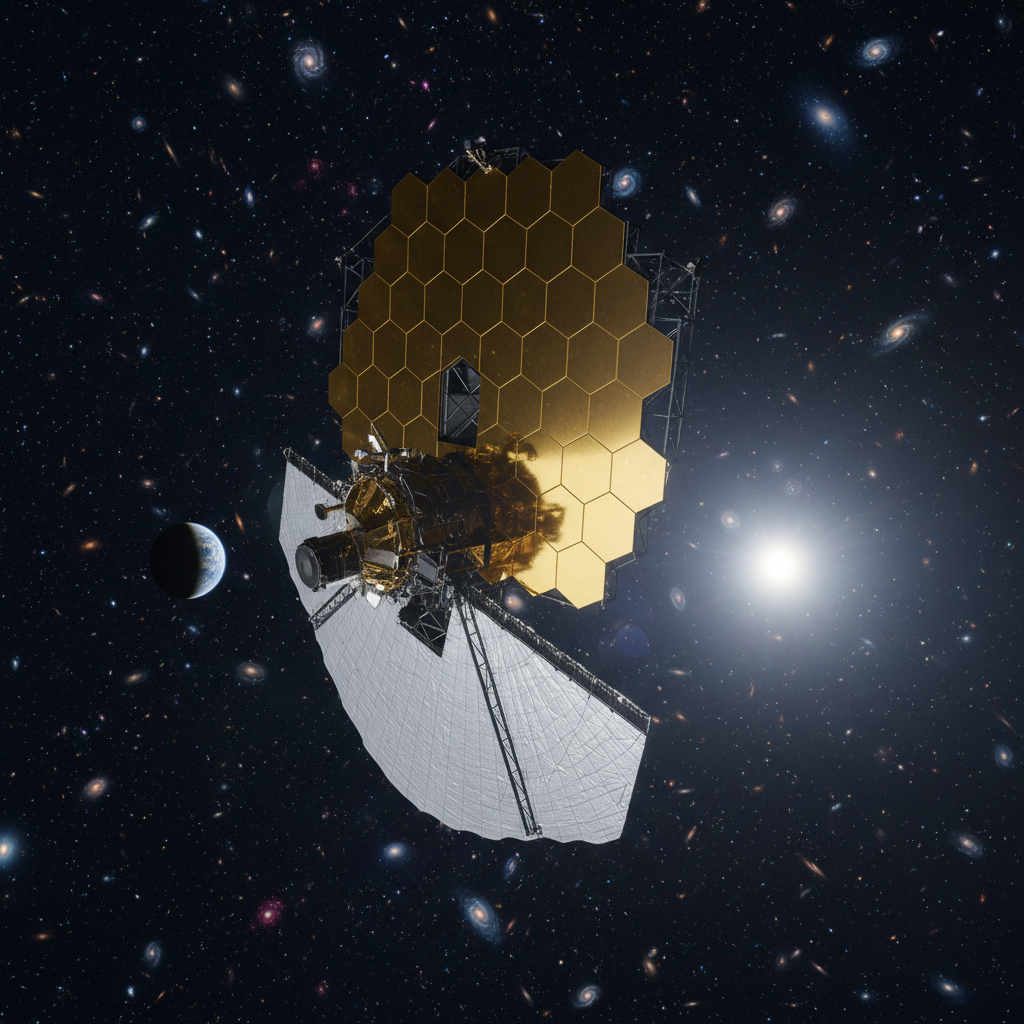 O Telescópio Espacial James Webb (JWST) em órbita, com seus espelhos dourados prontos para capturar a luz infravermelha do universo distante, essencial para descobertas como a da 'Batata Vermelha'.