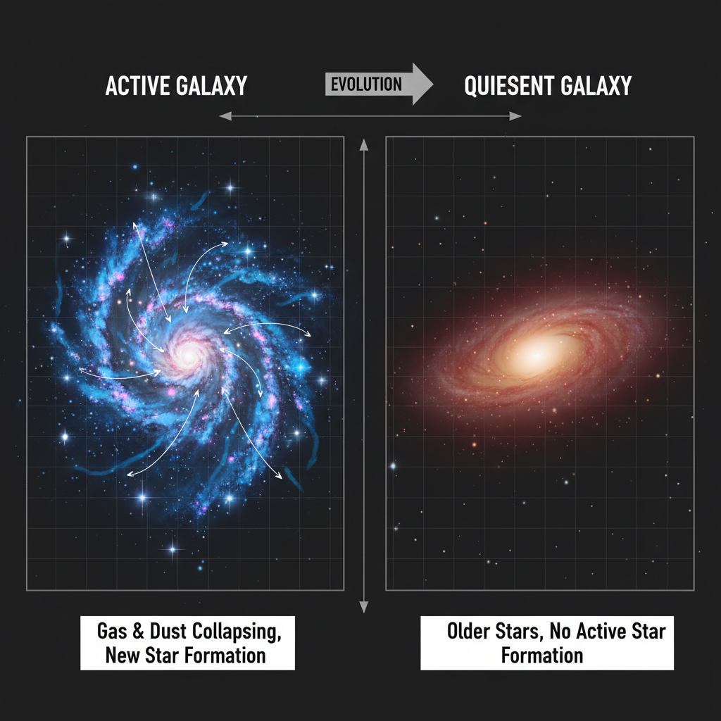Diagrama comparativo ilustrando a diferença entre uma galáxia ativa, com intensa formação estelar (azul), e uma galáxia quiescente (vermelha), que já encerrou sua produção de novas estrelas.