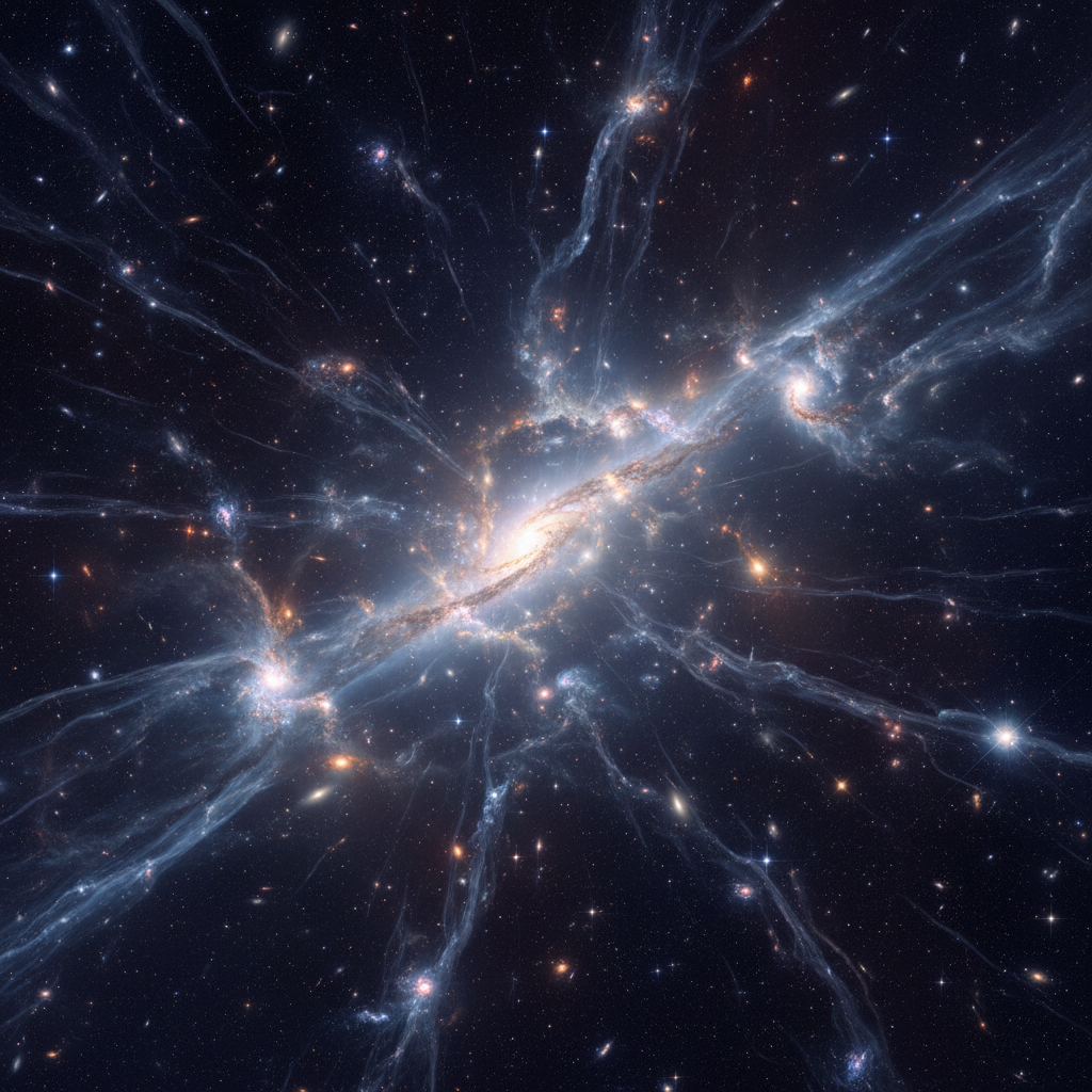 Uma visão dramática do universo primordial, um caldeirão cósmico onde gigantescas teias de gás e matéria escura começavam a dar origem às primeiras galáxias massivas, há bilhões de anos.
