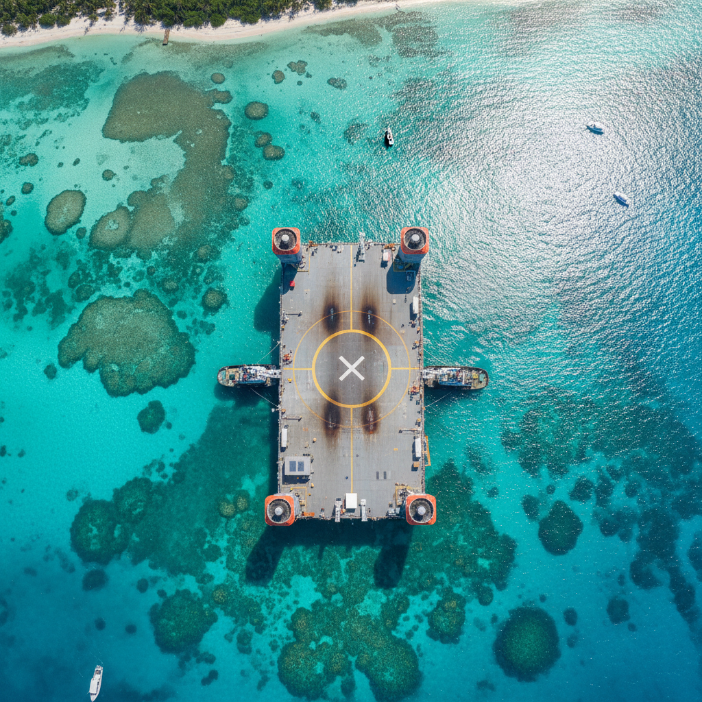 A nave-drone 'Just Read the Instructions' da SpaceX, posicionada nas águas azul-turquesa das Bahamas, aguarda o retorno de um propulsor, transformando o Atlântico em um palco para a inovação.