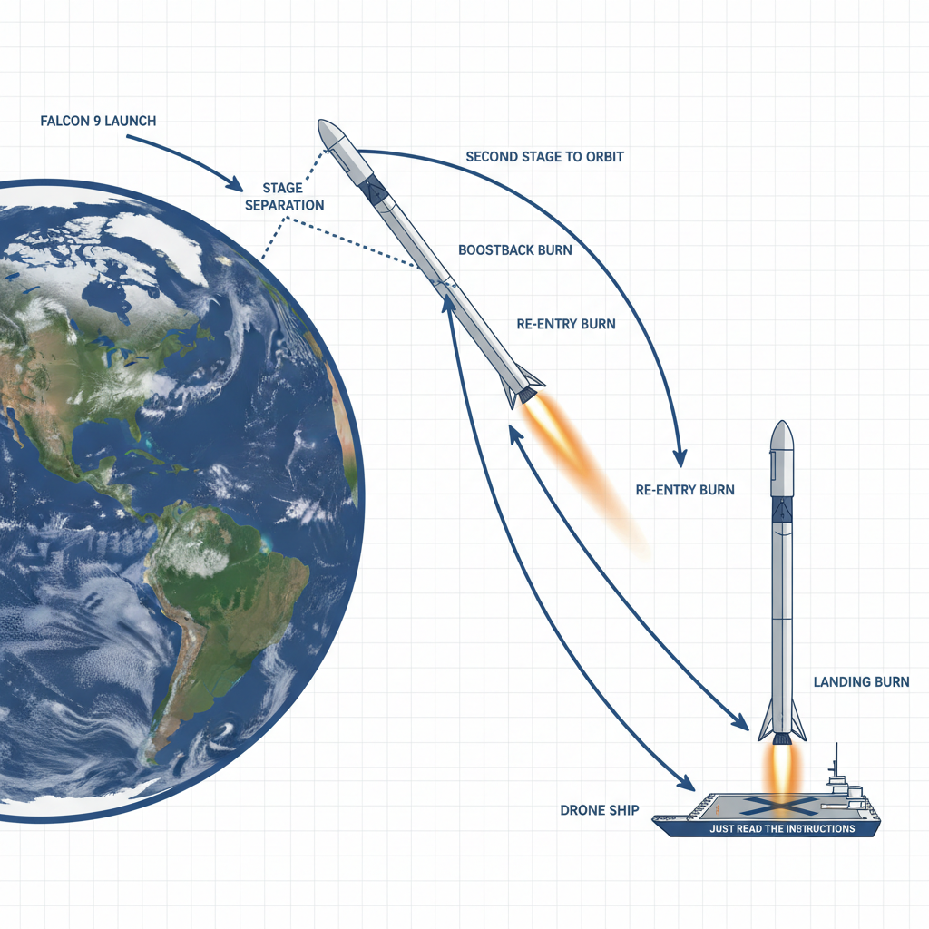 Diagrama esquemático detalhando a complexa trajetória de retorno de um propulsor Falcon 9, desde a separação até o pouso vertical na plataforma flutuante.