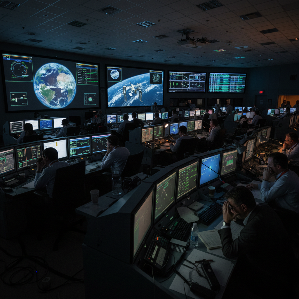 No coração do controle da missão, engenheiros e cientistas monitoram dados críticos, refletindo a tensão e a complexidade das operações espaciais. A precisão é a moeda mais valiosa em um ambiente de alto risco.