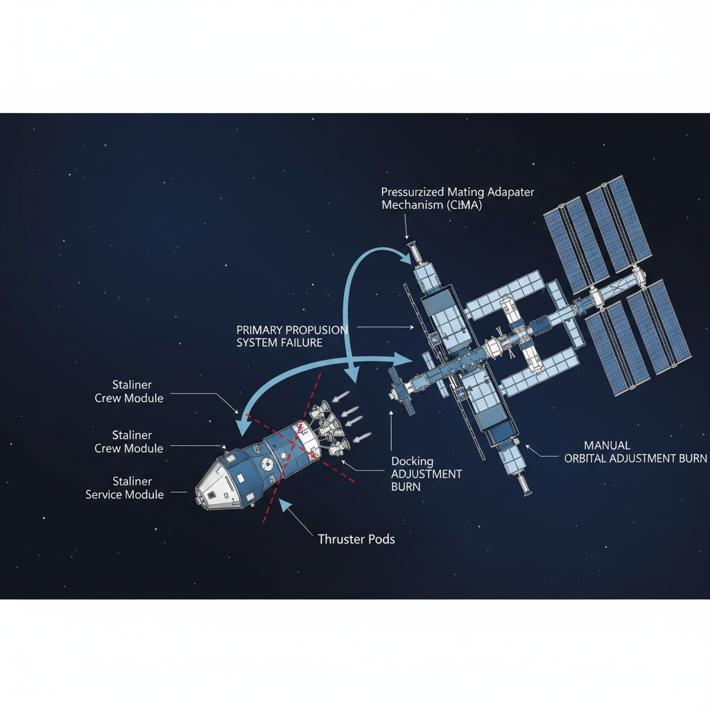 Diagrama técnico detalha o processo de acoplagem de uma cápsula espacial à ISS, evidenciando a falha crítica nos propulsores que comprometeu a missão Starliner. A precisão dos sistemas é vital para o sucesso.