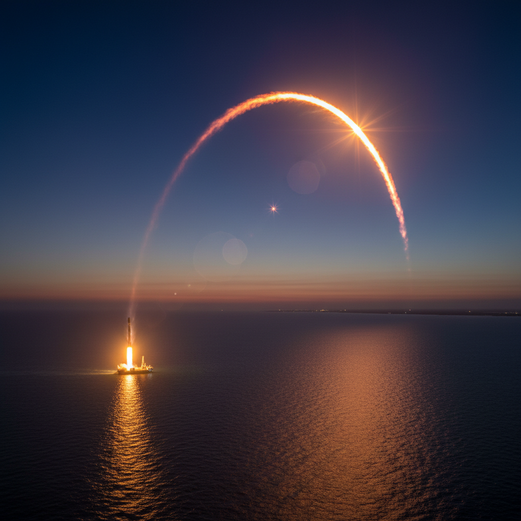 Um espetáculo visual que une o lançamento de um foguete Falcon 9 ao seu retorno, simbolizando o 'balé cósmico' da SpaceX sobre o Atlântico.
