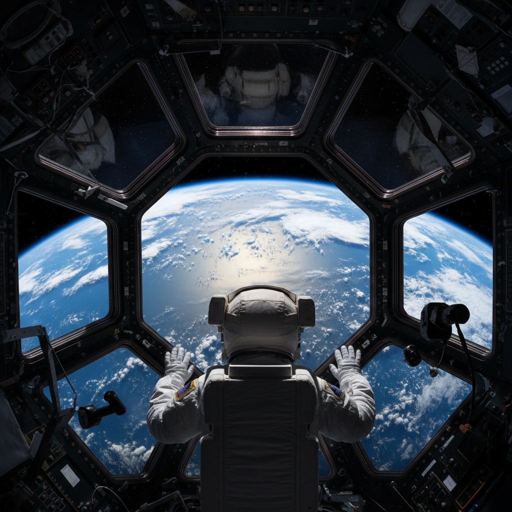 Um astronauta observa a Terra da Estação Espacial Internacional, uma imagem que evoca a grandiosidade da exploração espacial e a vulnerabilidade humana no vácuo do cosmos. A dependência de transporte seguro é crucial para a vida em órbita.