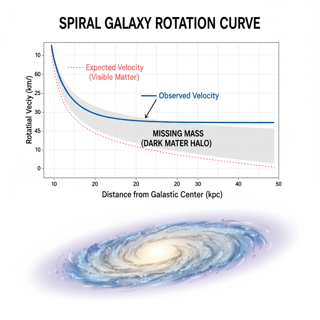 Este diagrama ilustra a discrepância entre a velocidade de rotação esperada e a observada em galáxias espirais, um dos principais indícios da existência da matéria escura.