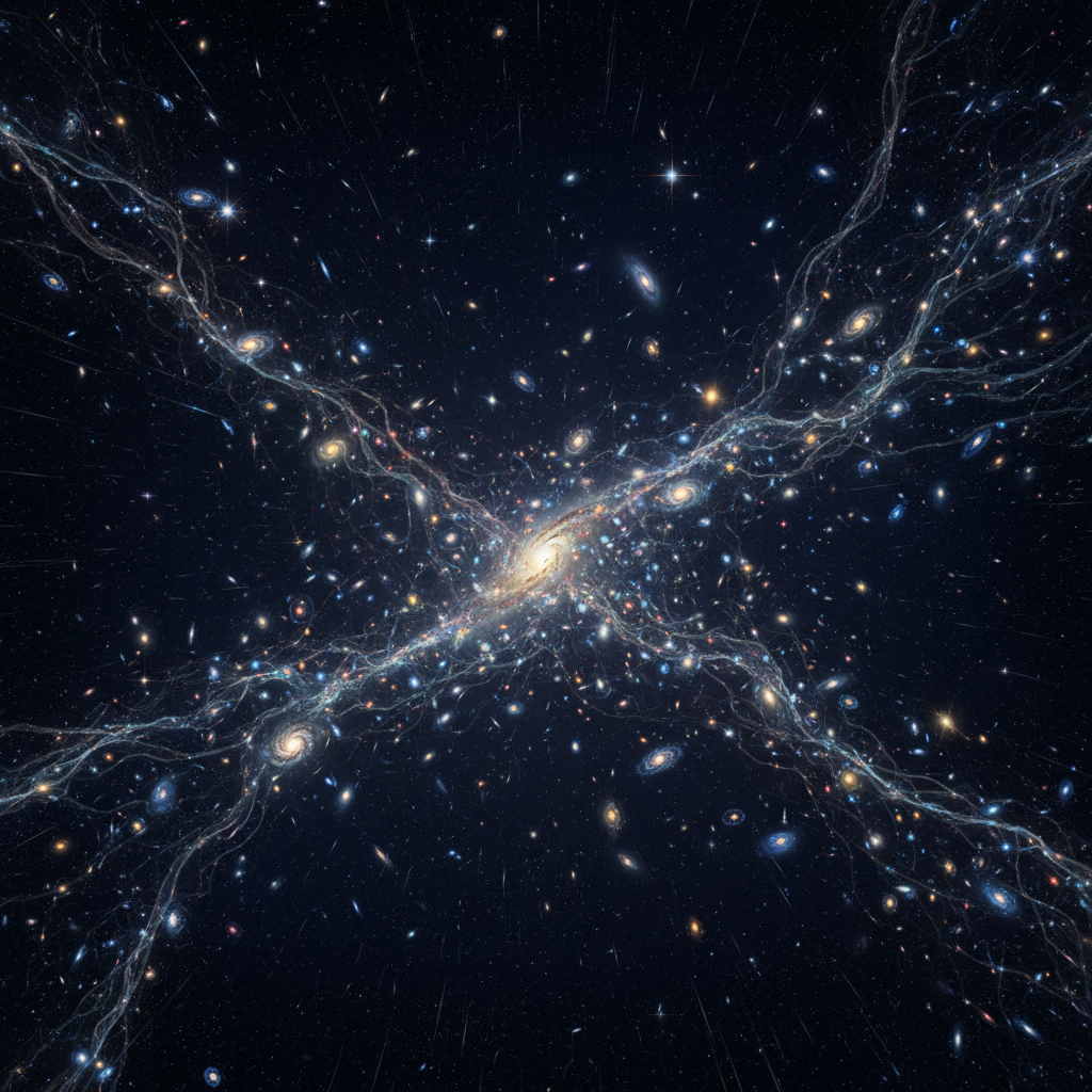 Uma representação artística da vasta teia cósmica, onde galáxias e aglomerados se agrupam, supostamente guiados pela influência gravitacional invisível da matéria escura. O universo ainda guarda muitos segredos.