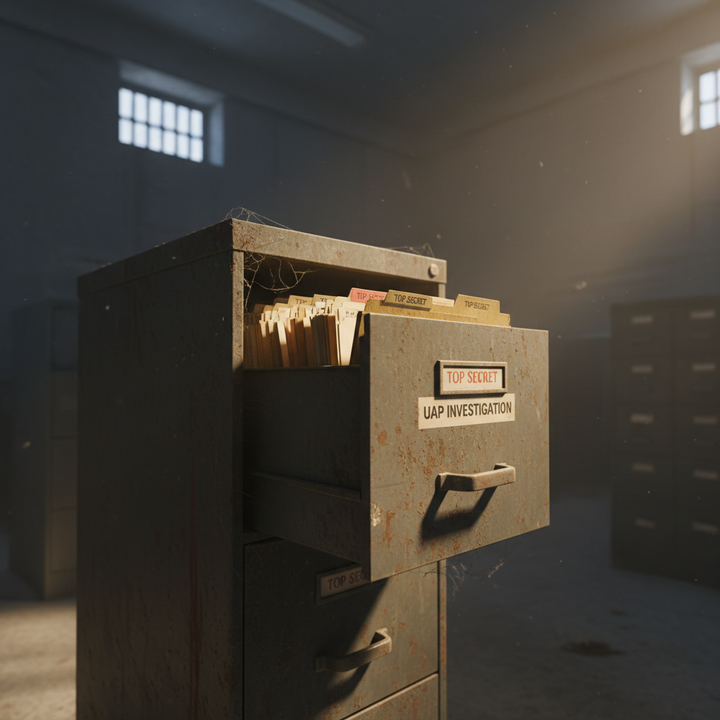 Arquivos governamentais classificados, contendo informações sobre UAPs, aguardam a liberação, refletindo décadas de sigilo e especulação.