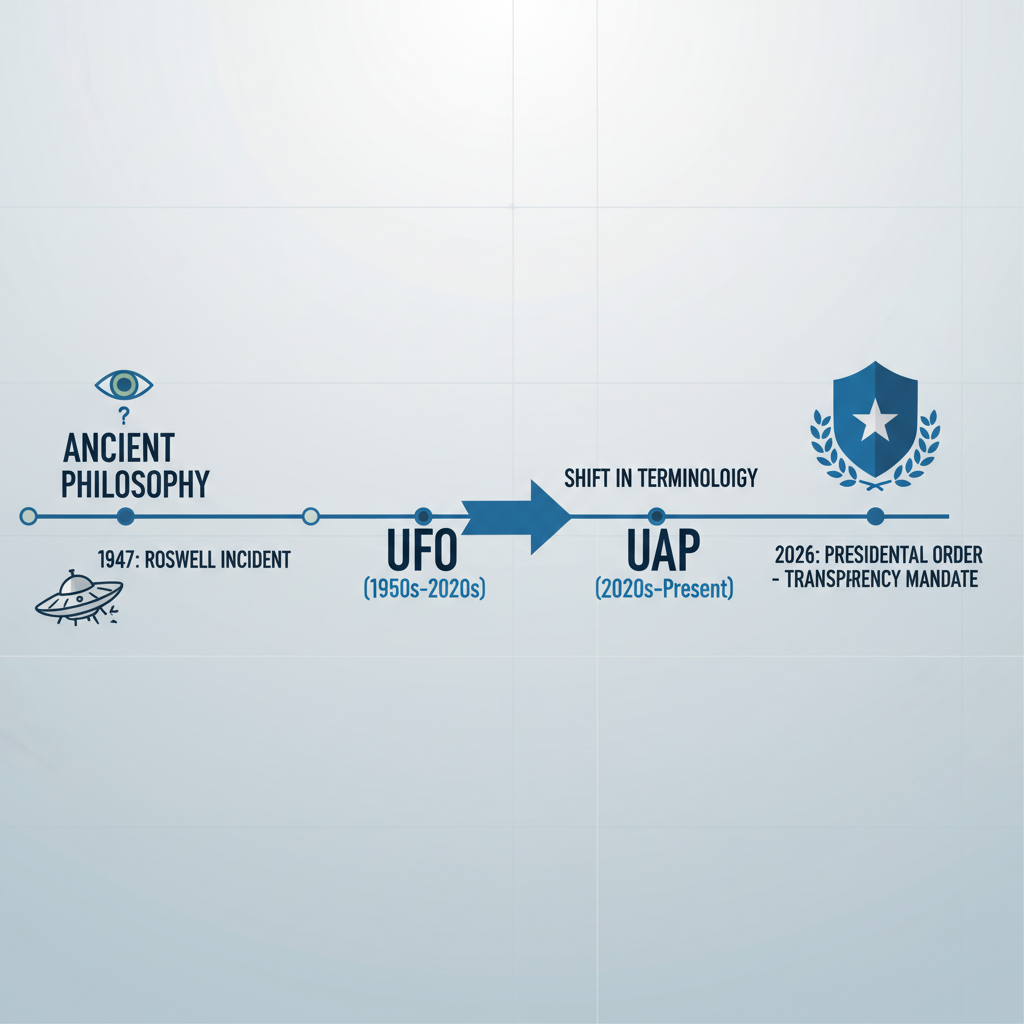 Um diagrama esquemático ilustra a evolução dos termos de 'UFO' para 'UAP' e marcos históricos, culminando na ordem presidencial de 2026.