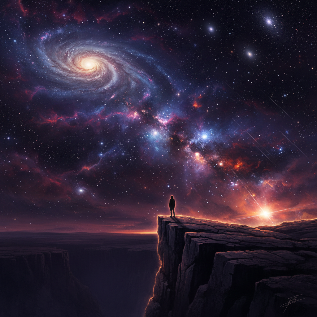 Uma figura humana solitária contempla a vastidão do cosmos, um lembrete da eterna busca da humanidade por respostas sobre a vida extraterrestre e nosso lugar no universo.