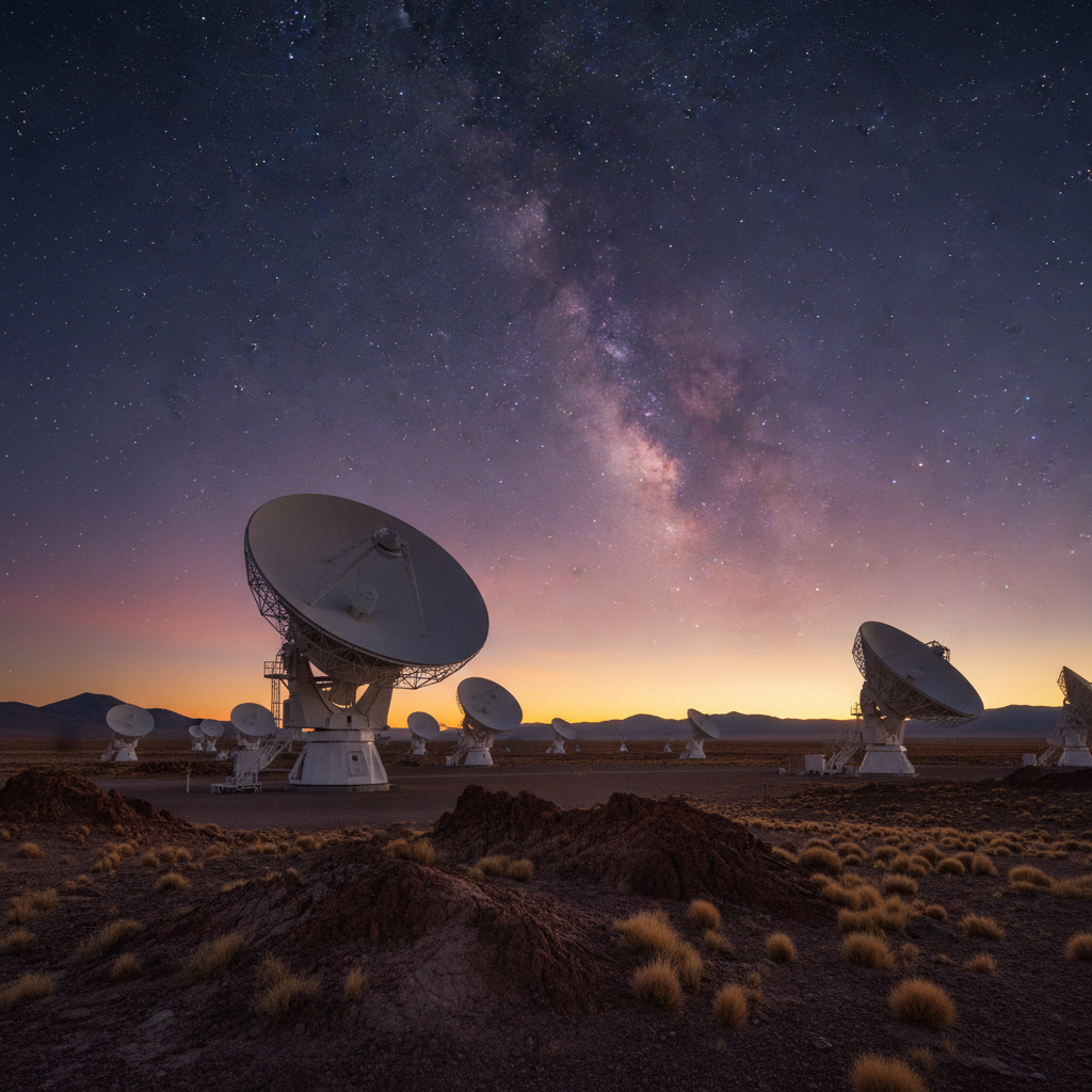 O Atacama Large Millimeter/submillimeter Array (ALMA) no deserto do Atacama, Chile. Este observatório de ponta é crucial para detectar sinais fracos de rádio, como os emitidos por gigamasers, e desvendar os mistérios do universo distante.