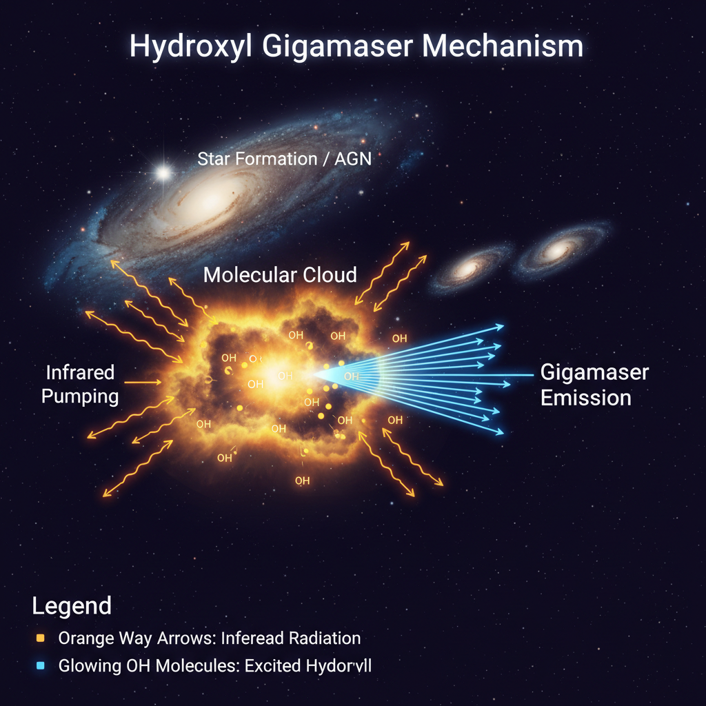 Diagrama esquemático que ilustra como um gigamaser de hidroxila funciona. A radiação infravermelha de regiões de intensa formação estelar 'bombeia' moléculas de OH, que então amplificam e emitem ondas de rádio coerentes, agindo como um farol cósmico.