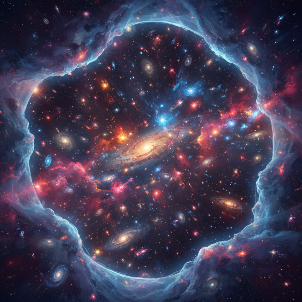 Uma visão conceitual de uma 'janela' para o universo primordial, onde galáxias jovens e turbulentas colidem e se fundem. A detecção de gigamasers nos oferece um vislumbre sem precedentes desses eventos cruciais para a evolução cósmica.