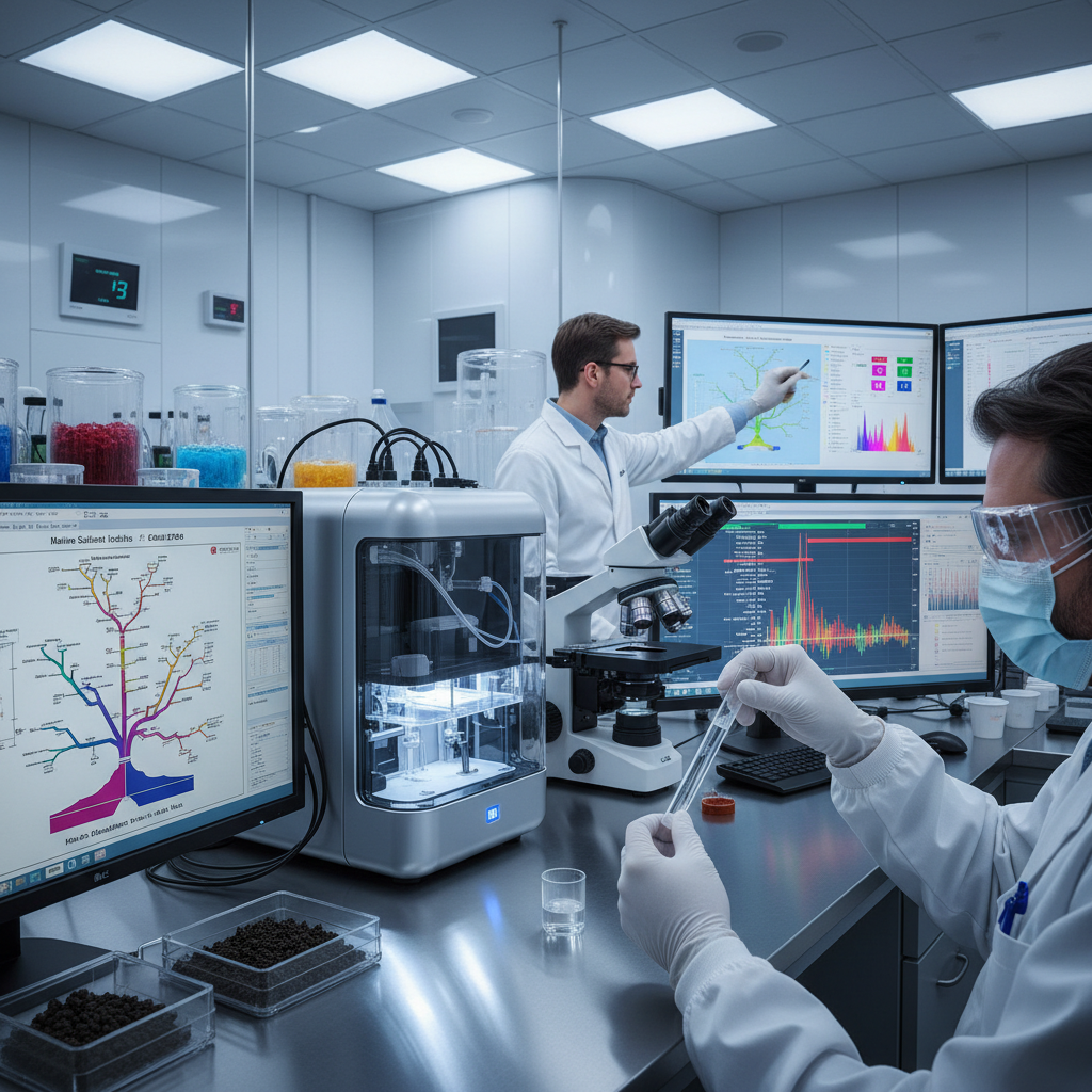 Cientistas em um laboratório de genômica marinha, utilizando tecnologia de ponta para sequenciar o DNA de microrganismos. Este trabalho meticuloso permitiu desvendar os segredos das arqueias Asgard, extraídos de sedimentos oceânicos.