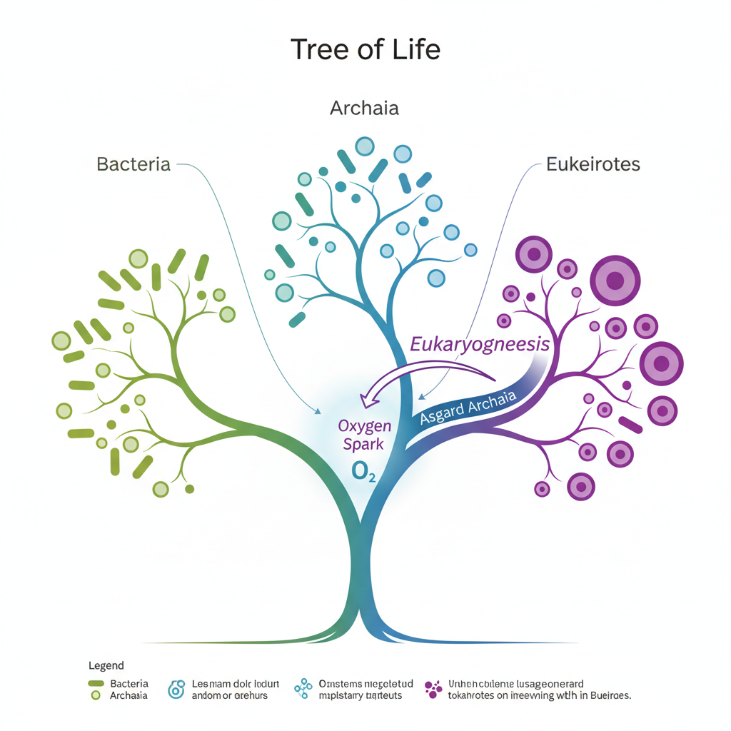Diagrama da Árvore da Vida, destacando a relação evolutiva entre os domínios Bacteria, Archaea e Eukaryota. A pesquisa sugere que as arqueias Asgard são os parentes mais próximos dos eucariotos, redefinindo nossa compreensão da origem da vida complexa.