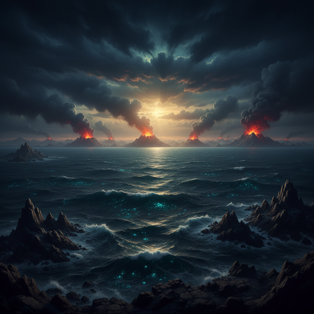 Uma visão dramática da Terra primordial, bilhões de anos atrás, com oceanos escuros e atividade vulcânica. Este cenário de um mundo em transformação foi o palco para a evolução da vida microscópica e o surgimento da complexidade, impulsionado pela crescente presença de oxigênio.