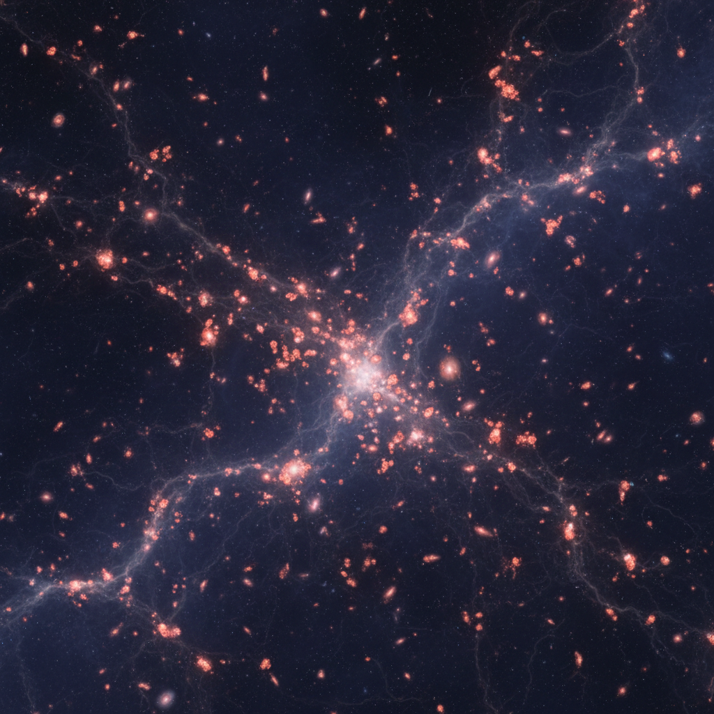Uma representação artística da aurora cósmica, onde as primeiras galáxias emergem da escuridão primordial, revelando os segredos do universo primitivo com clareza sem precedentes graças à IA.