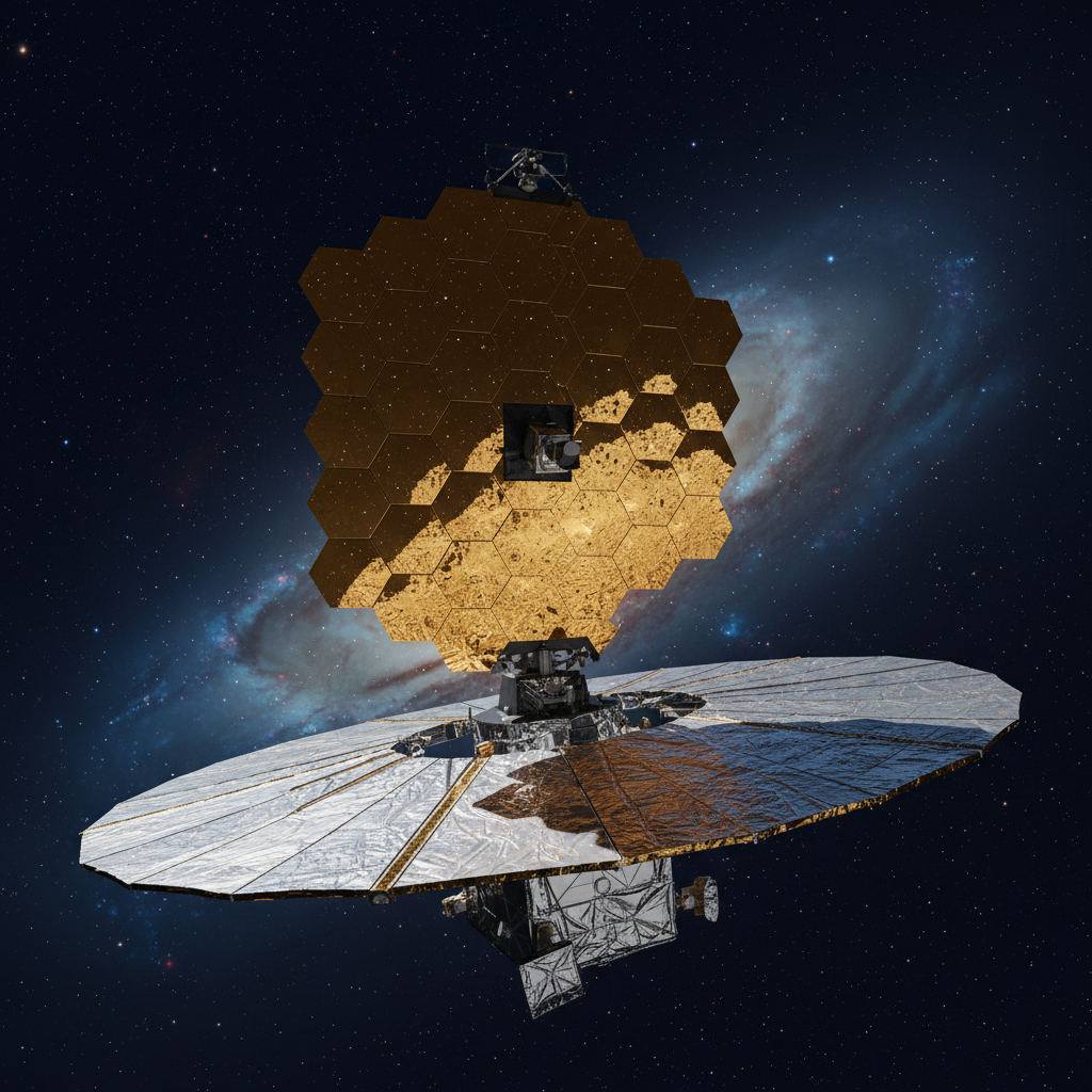 O Telescópio Espacial James Webb (JWST) em órbita, com seus espelhos dourados prontos para capturar a luz infravermelha das galáxias mais distantes e antigas do universo.