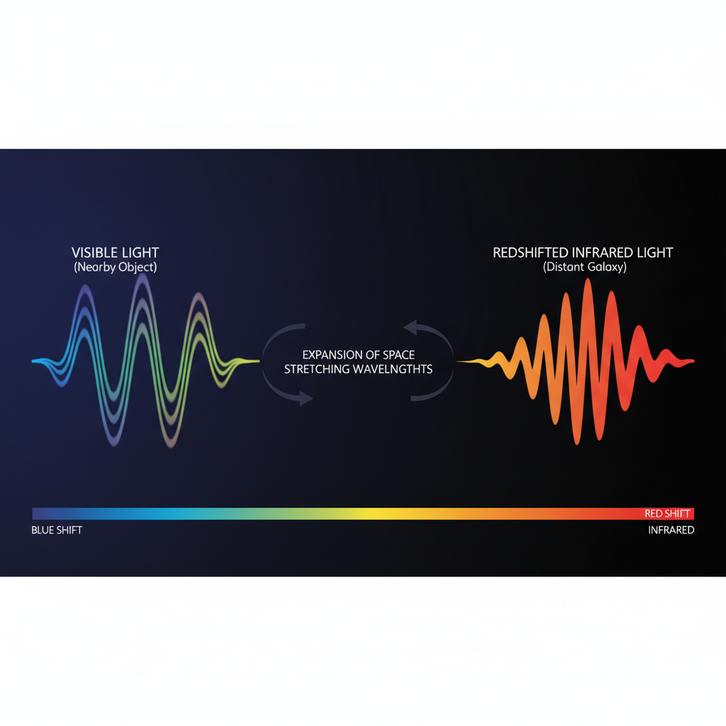 Diagrama ilustrativo do 'desvio para o vermelho' (redshift), mostrando como a expansão do universo estica a luz de galáxias distantes para comprimentos de onda infravermelhos, essenciais para a observação do universo primordial.