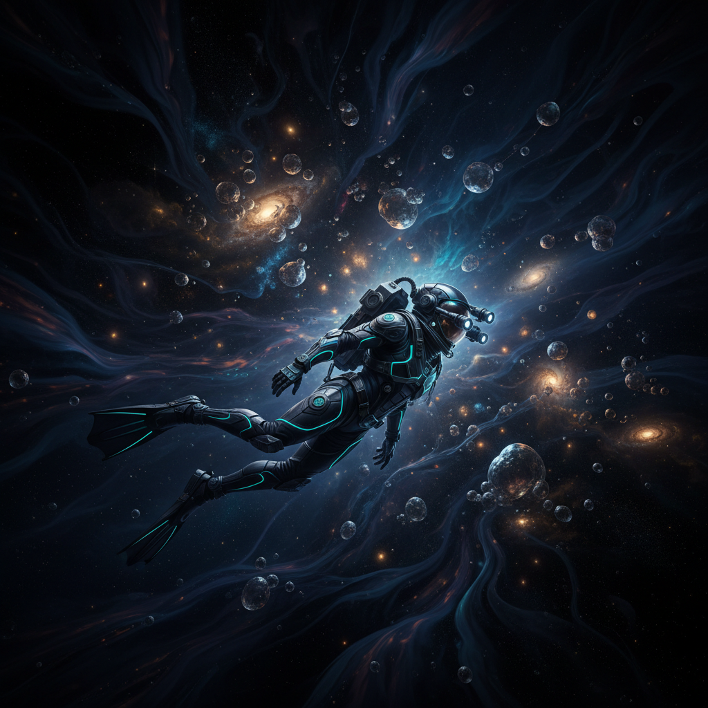 Uma representação poética da humanidade como 'mergulhadores cósmicos', perscrutando a escuridão primordial em busca das primeiras luzes do universo, simbolizando a busca incessante da astrofísica.