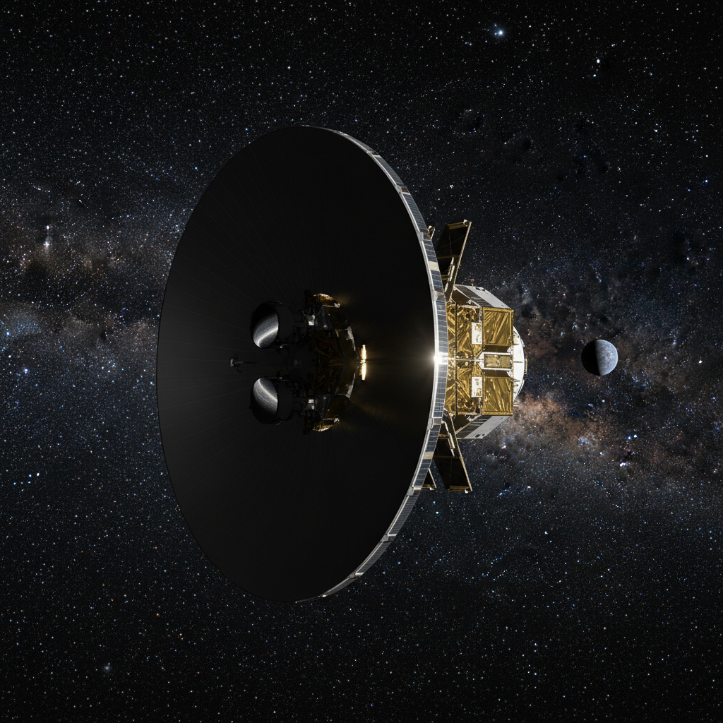 O satélite Gaia da Agência Espacial Europeia em sua órbita no ponto de Lagrange L2, com seu escudo solar característico, enquanto mapeia bilhões de estrelas da Via Láctea com precisão sem precedentes.