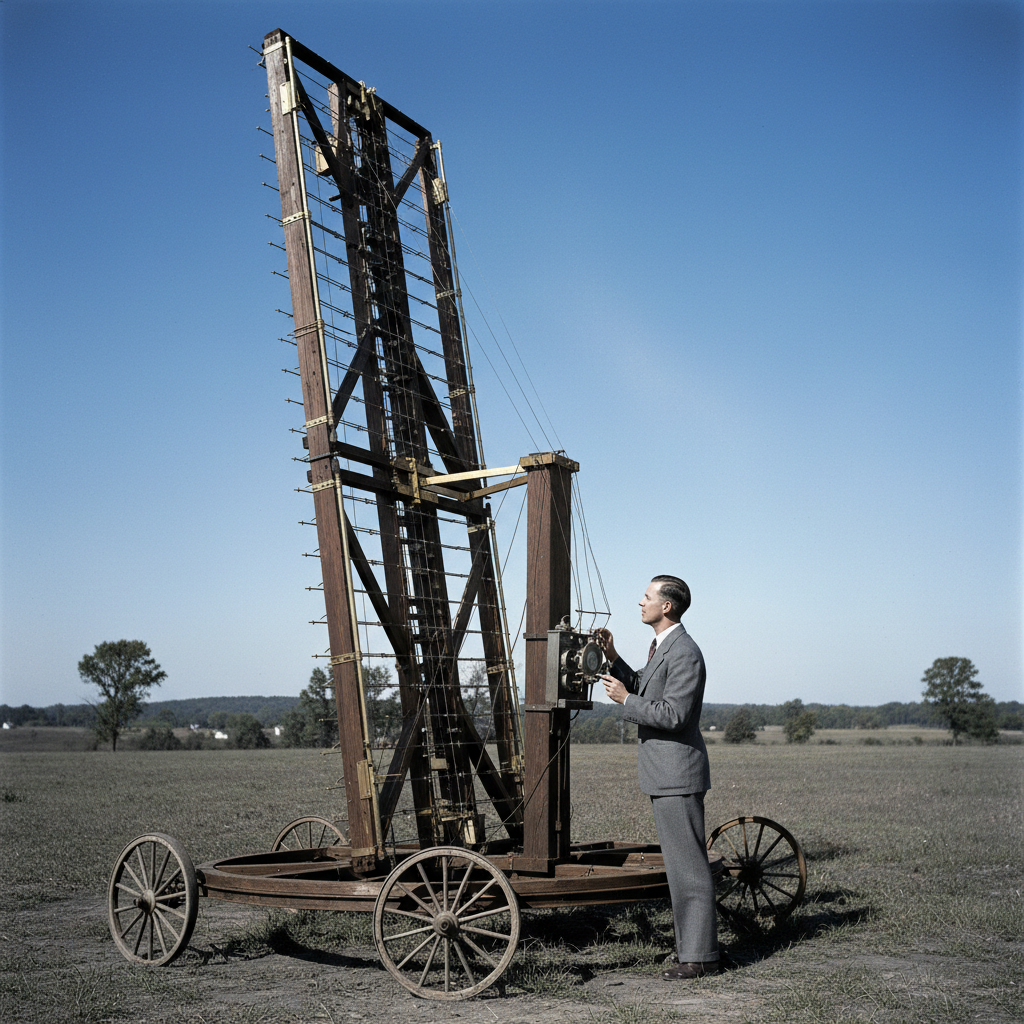 Karl Jansky ao lado de sua inovadora antena de rádio rotativa no Bell Labs, em 1932, o instrumento que detectou pela primeira vez ondas de rádio vindas do centro da Via Láctea, marcando o nascimento da radioastronomia.