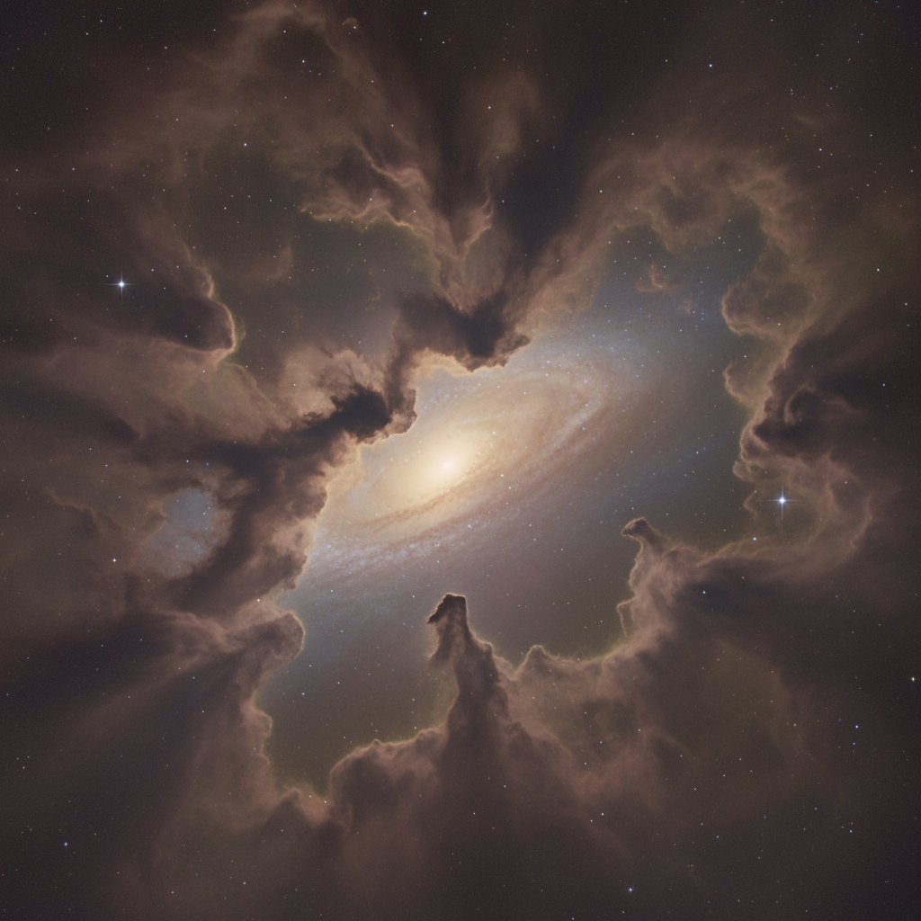 Uma visão do centro da Via Láctea, obscurecido por densas nuvens de gás e poeira interestelar, ilustrando o desafio histórico de observar e compreender o coração de nossa galáxia antes do advento de novas tecnologias de observação.