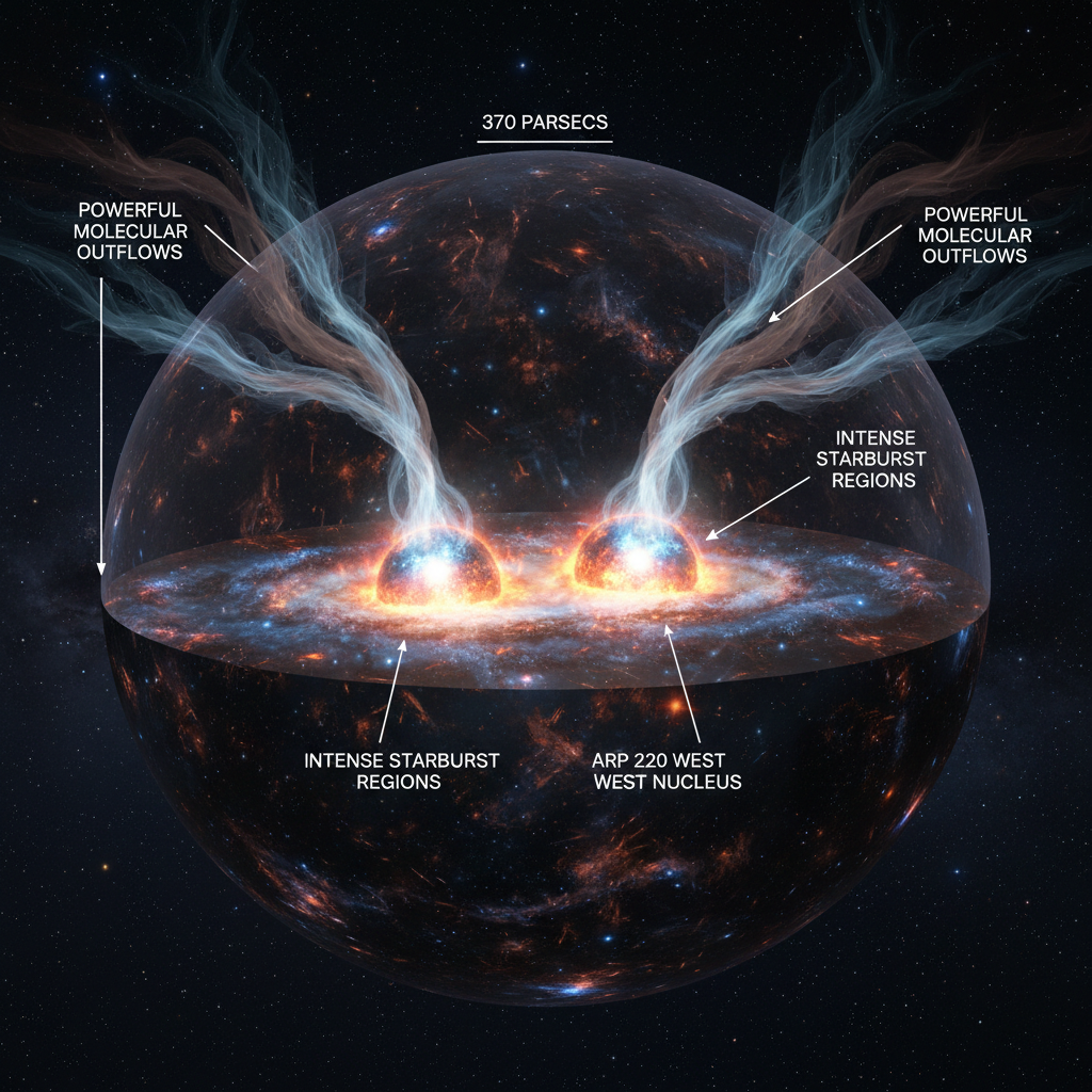 Um corte transversal de Arp 220 revela seus dois núcleos galácticos ativos, Arp 220 Leste e Oeste, que impulsionam poderosos ventos moleculares para fora da galáxia, enriquecendo o meio circumgaláctico.