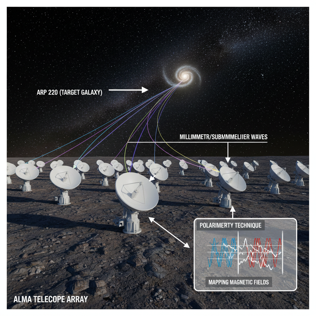 O radiotelescópio ALMA, no deserto do Atacama, utiliza a polarimetria para mapear os campos magnéticos em galáxias distantes como Arp 220, revelando forças invisíveis que moldam o universo.