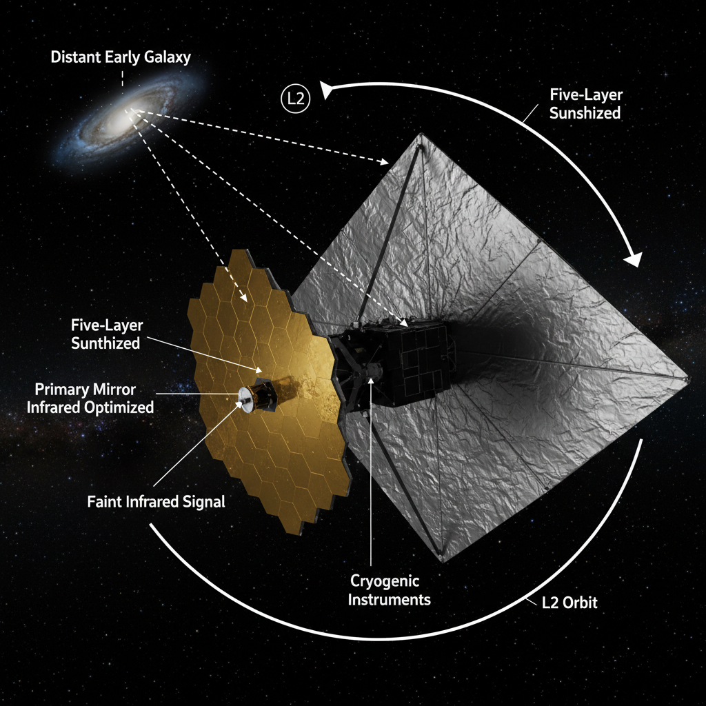 O Telescópio Espacial James Webb (JWST) é otimizado para observar o universo no infravermelho, utilizando seu espelho primário de 6,5 metros e um escudo solar de cinco camadas para detectar sinais tênues das primeiras galáxias.