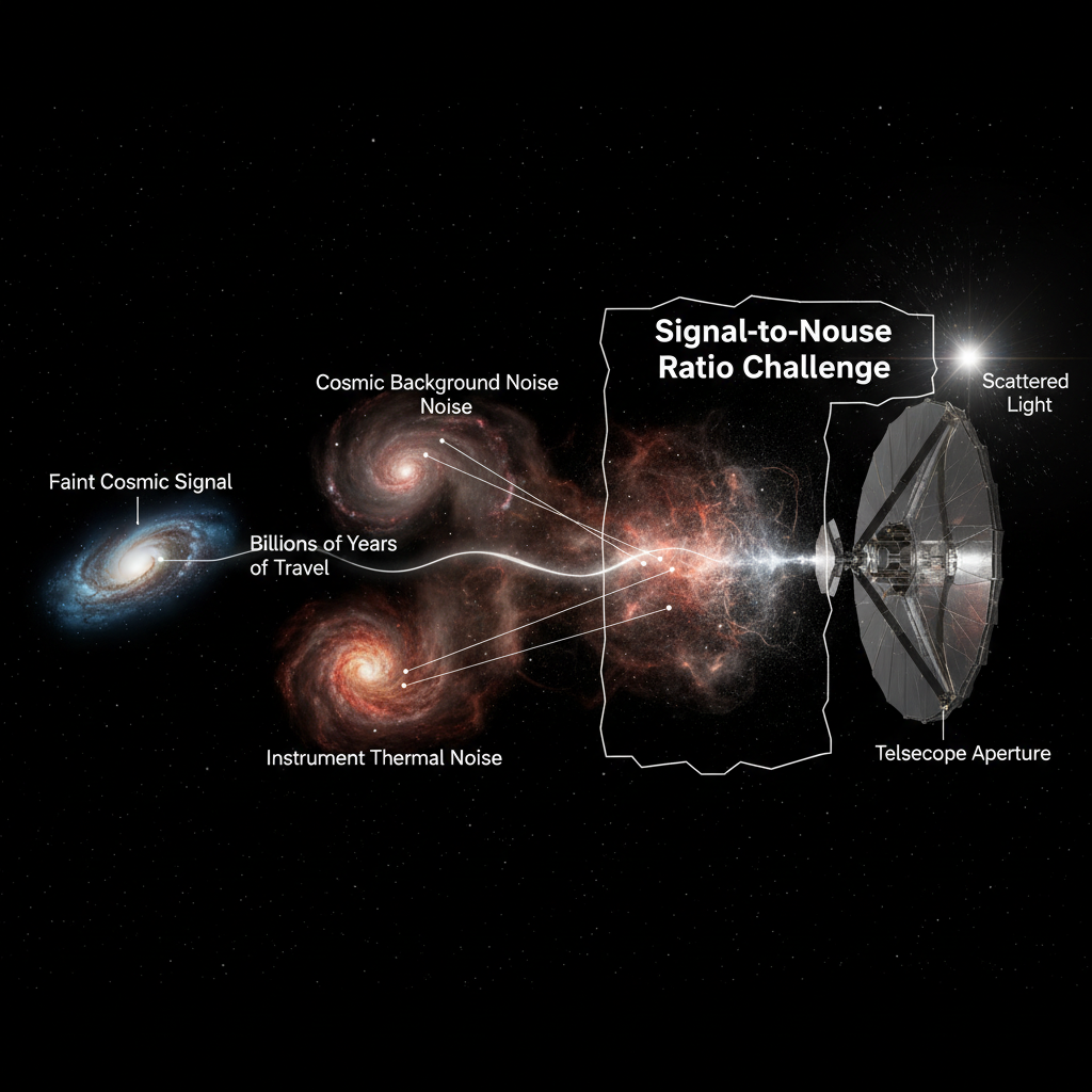 Este infográfico demonstra como os sinais fracos de objetos cósmicos distantes são obscurecidos por diversas fontes de ruído, como o fundo cósmico e o ruído térmico dos instrumentos, dificultando sua detecção.