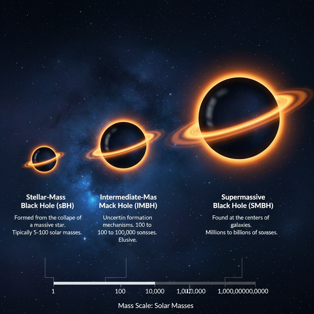 Este infográfico ilustra os três tipos principais de buracos negros — de massa estelar, de massa intermediária e supermassivos — destacando suas diferenças de tamanho e massa no contexto cósmico.