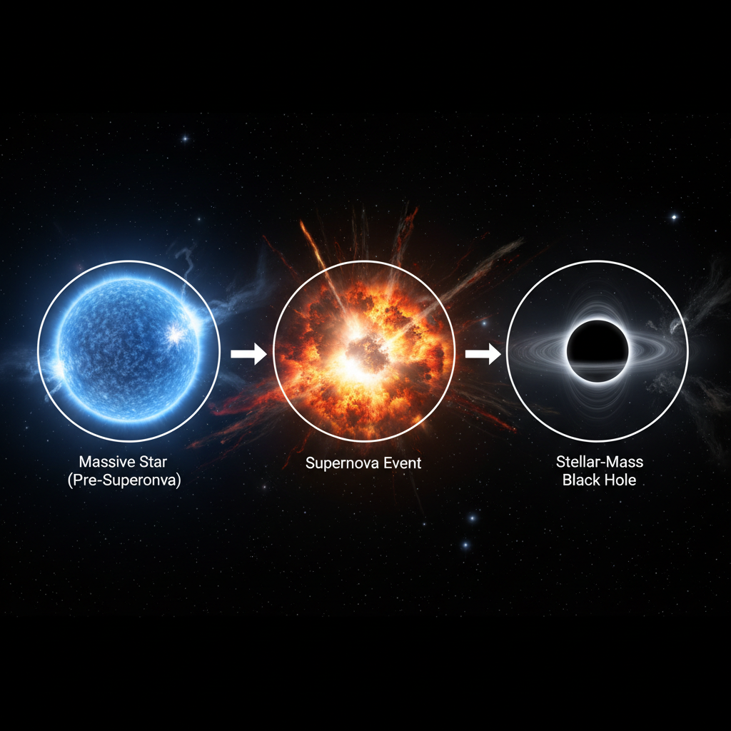 A formação de um buraco negro de massa estelar é explicada neste infográfico, desde a estrela massiva original até o colapso pós-supernova.