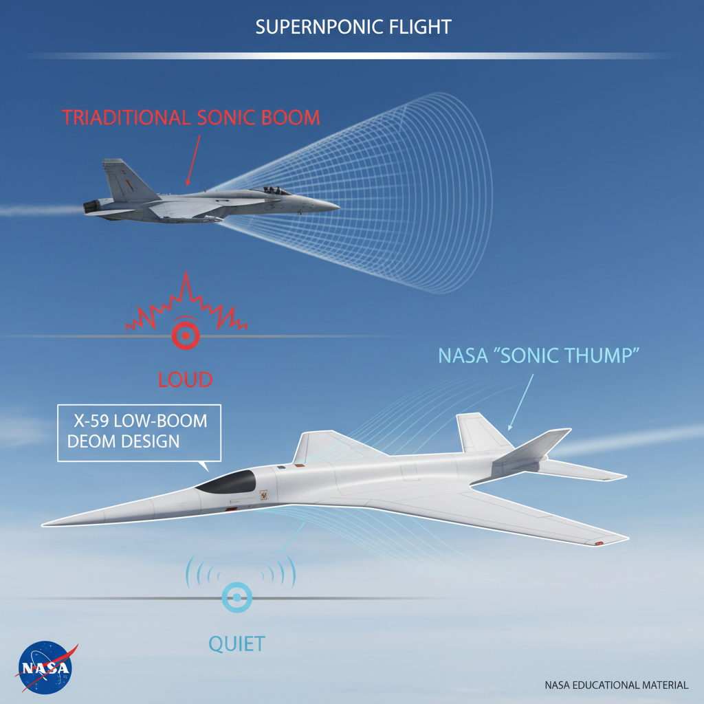 O infográfico demonstra a inovação do X-59 QueSST da NASA, projetado para transformar o estrondo sônico em um 'baque' suave, abrindo caminho para voos supersônicos comerciais sobre terra.