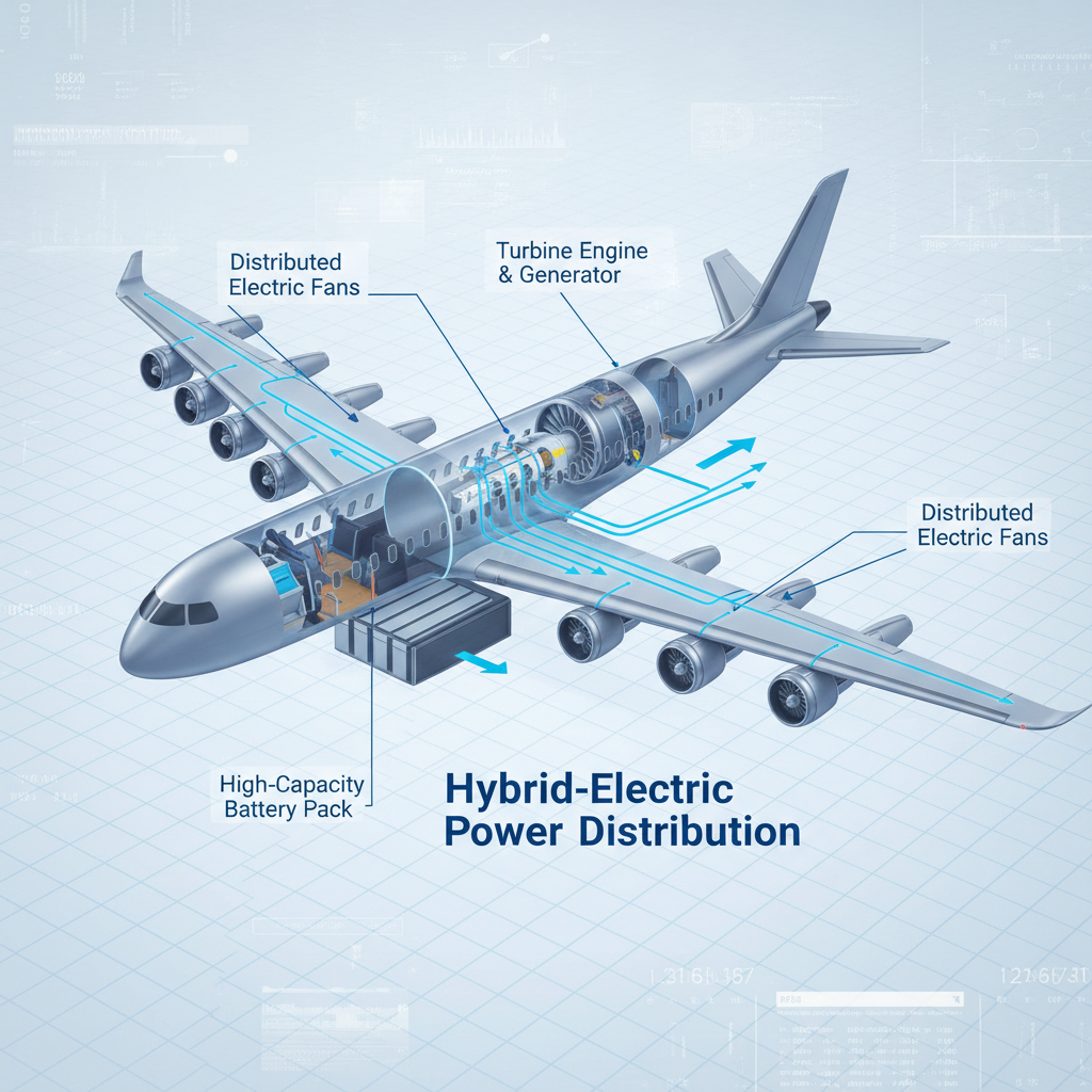 Este diagrama ilustra um sistema de propulsão híbrido-elétrico, uma tecnologia promissora que a NASA explora para reduzir emissões e ruído na aviação futura, combinando motores a combustão com energia elétrica.