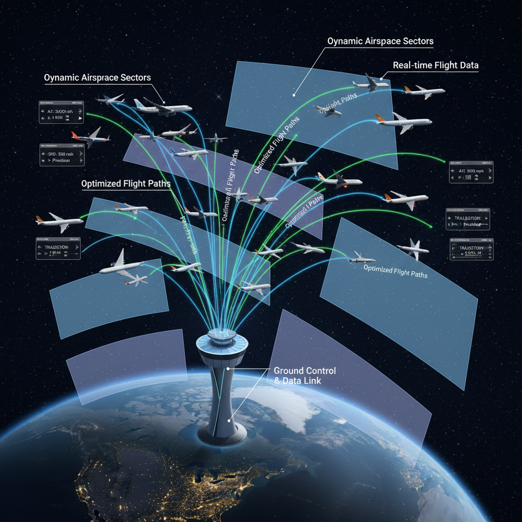 Este infográfico visualiza um sistema avançado de gestão de tráfego aéreo, onde a NASA desenvolve tecnologias para otimizar rotas, reduzir atrasos e aumentar a segurança e eficiência do voo global.