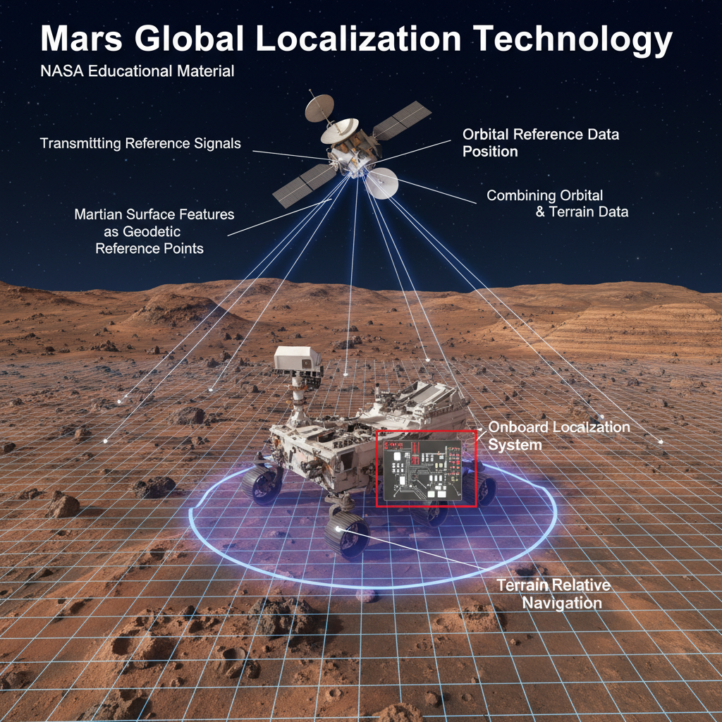 O infográfico detalha a tecnologia Mars Global Localization, que permite ao rover Perseverance determinar sua própria posição em Marte, utilizando dados de referência orbitais e processamento a bordo.