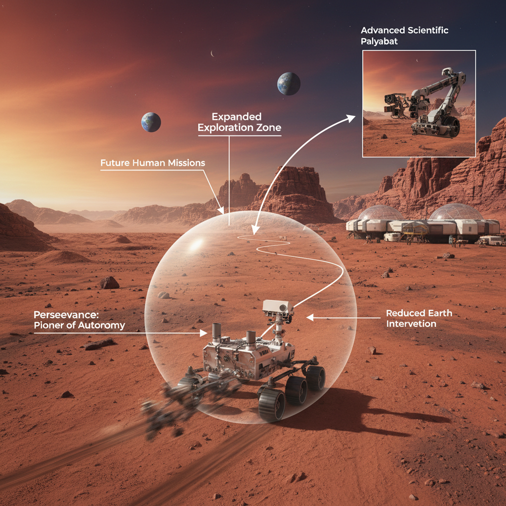 O infográfico projeta o impacto da autonomia robótica na futura exploração de Marte, permitindo maior velocidade de travessia, menos intervenção humana e abrindo caminho para missões tripuladas.