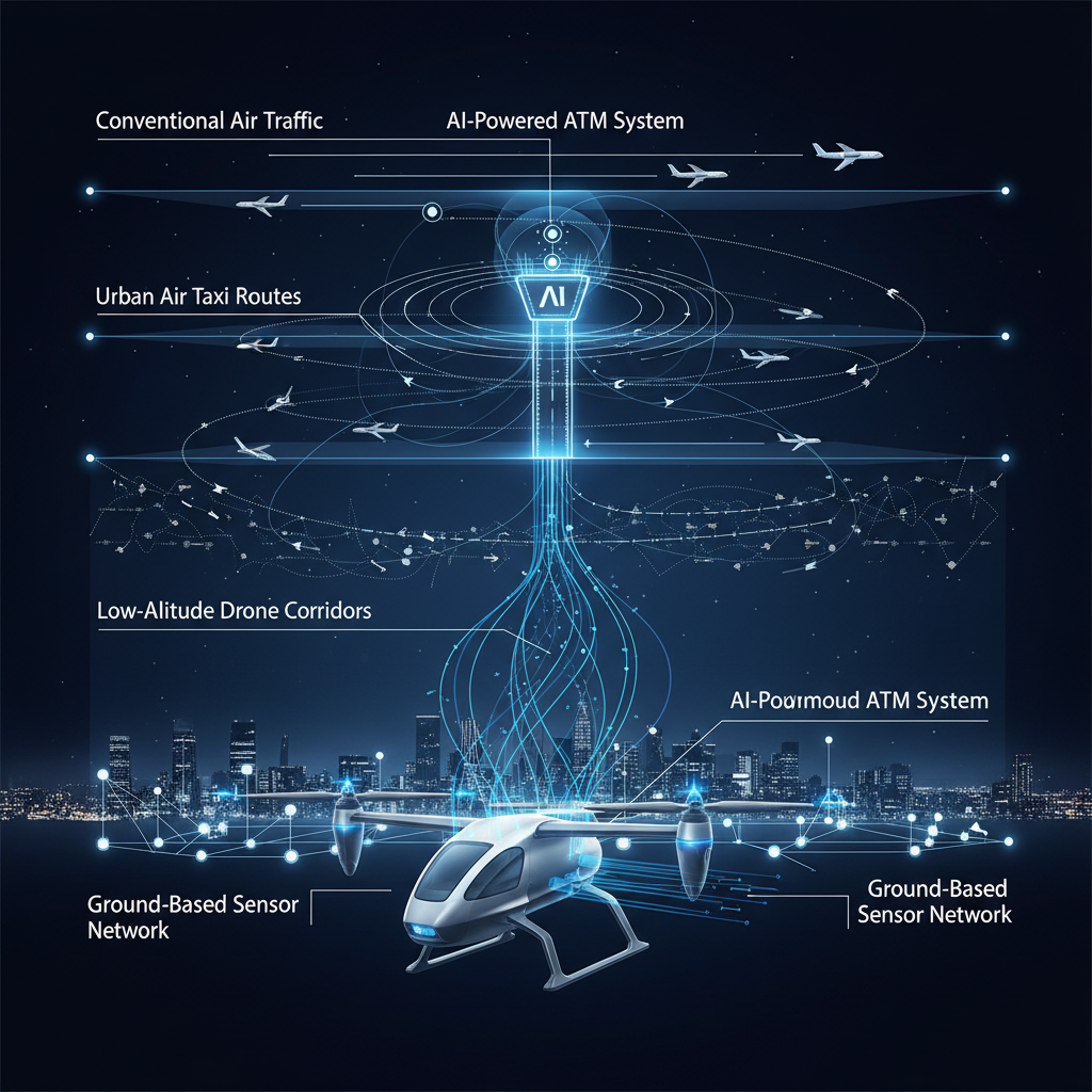 A próxima geração de controle de tráfego aéreo, impulsionada por inteligência artificial, gerenciará de forma autônoma e segura o crescente número de drones e táxis aéreos em céus urbanos complexos.