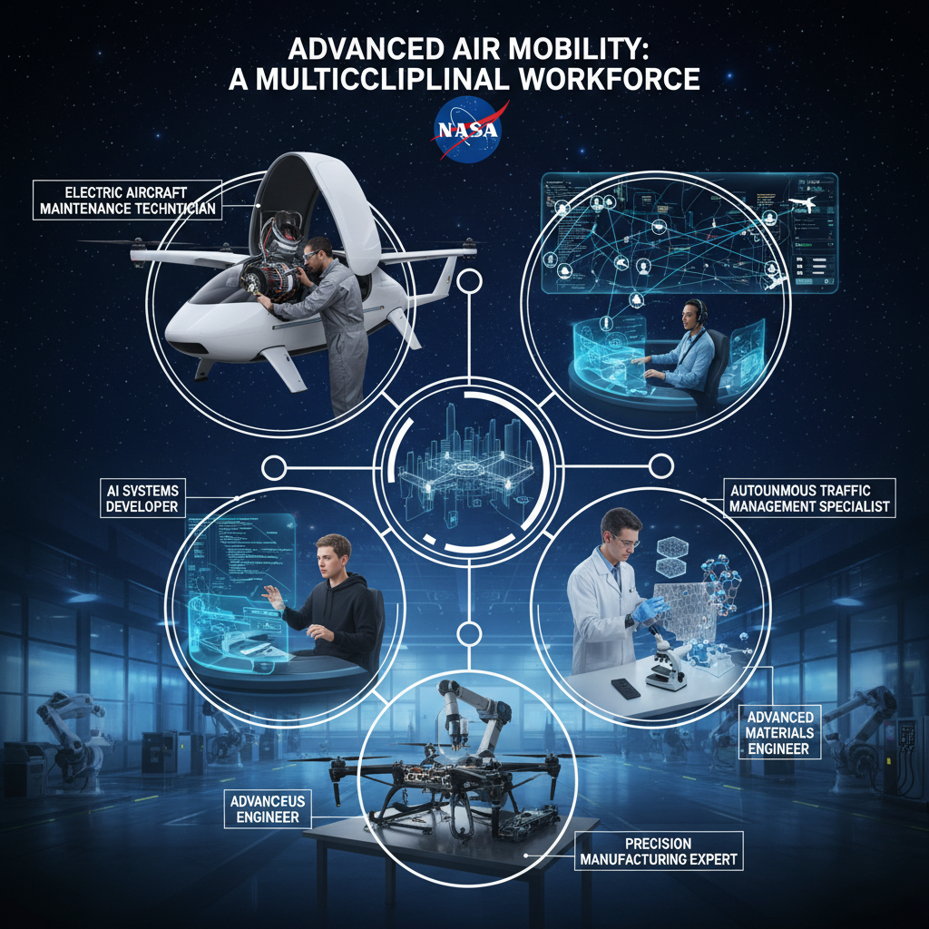 A construção do futuro da mobilidade aérea requer uma força de trabalho diversificada, incluindo técnicos de manutenção, desenvolvedores de IA, especialistas em controle de tráfego e engenheiros de materiais avançados.