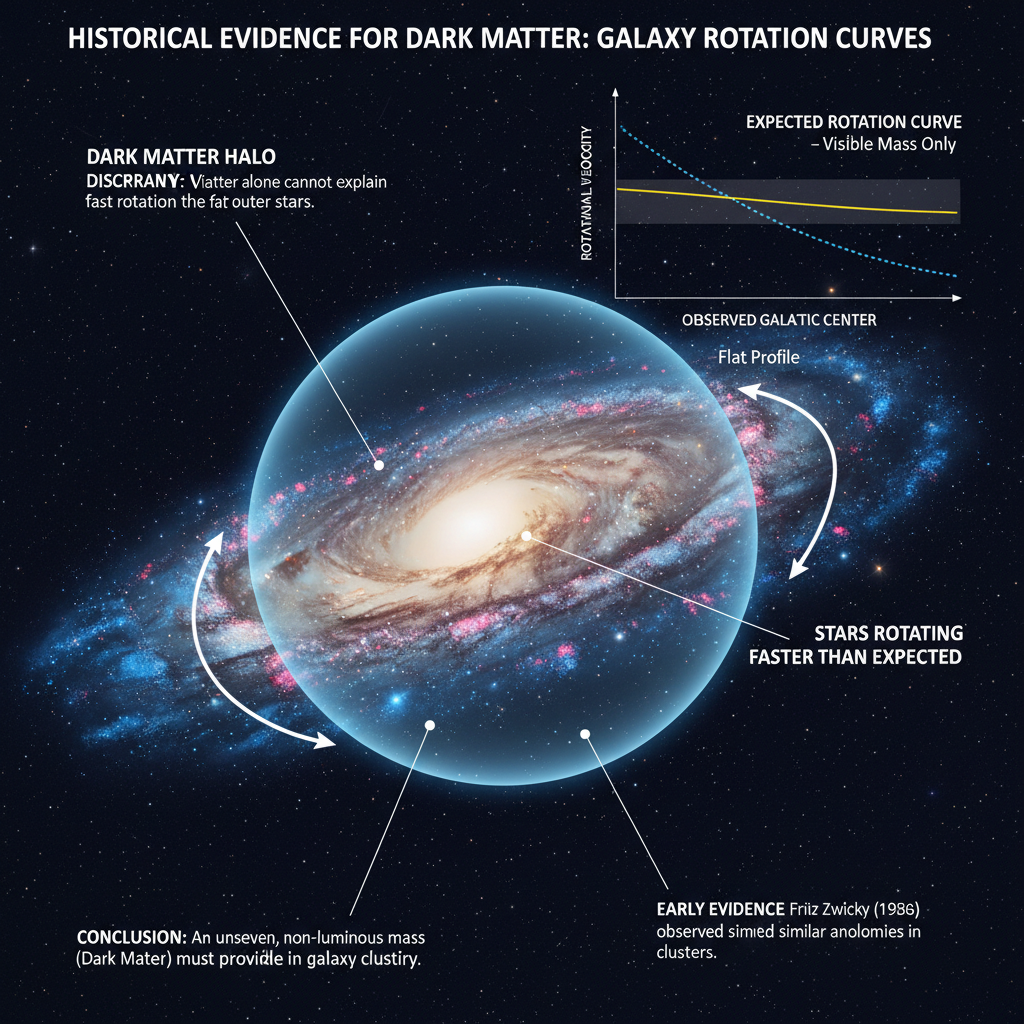 Infográfico detalhando as curvas de rotação galáctica, que revelam a discrepância entre a massa visível e a massa dinâmica, fornecendo uma das principais evidências para a existência da matéria escura.