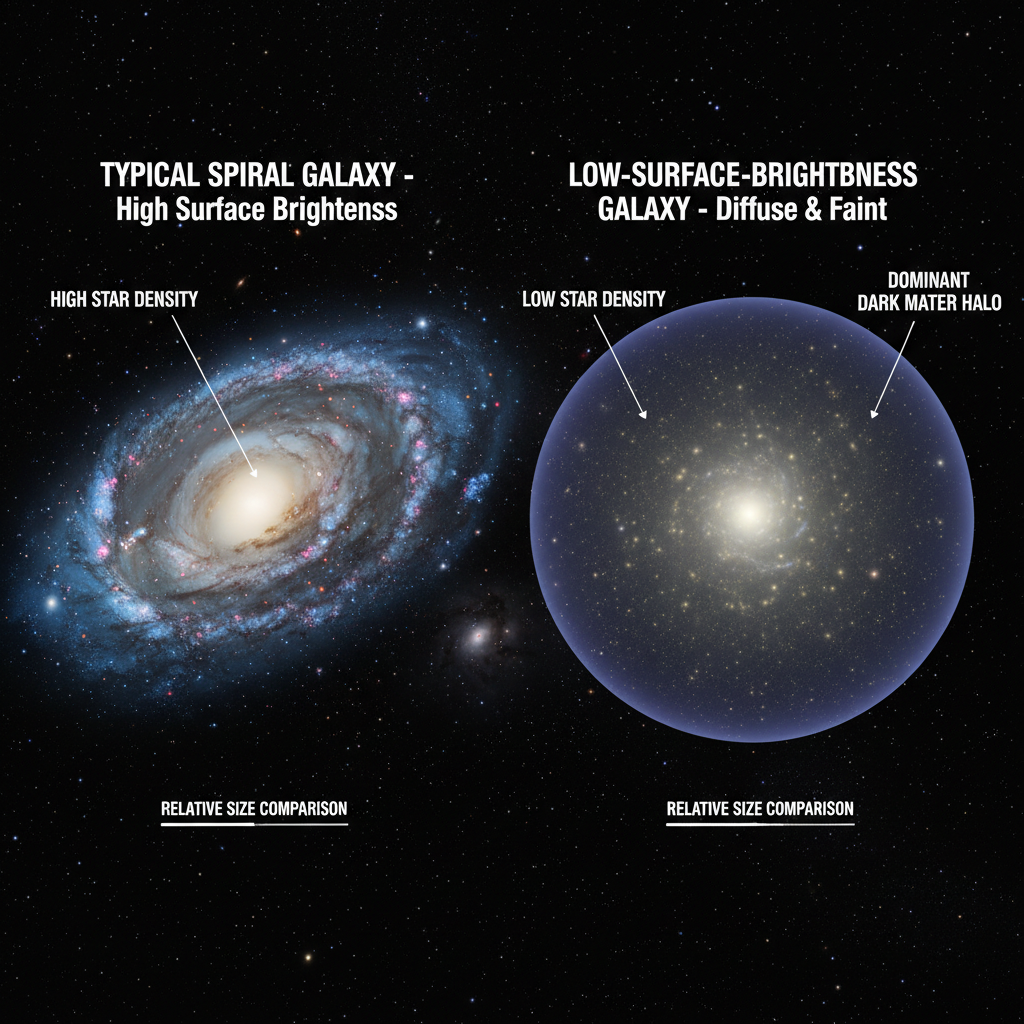 Comparação visual entre uma galáxia espiral comum e uma galáxia de baixo brilho superficial (LSB), destacando a natureza difusa e a menor densidade estelar das LSBs, muitas vezes dominadas por matéria escura.