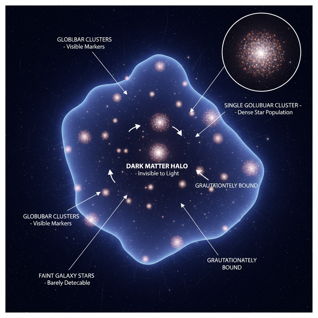 Diagrama explicativo do método inovador de detecção de galáxias escuras: aglomerados globulares, por serem mais brilhantes e densos, atuam como 'migalhas de pão cósmicas' que revelam a presença de estruturas galácticas dominadas por matéria escura.