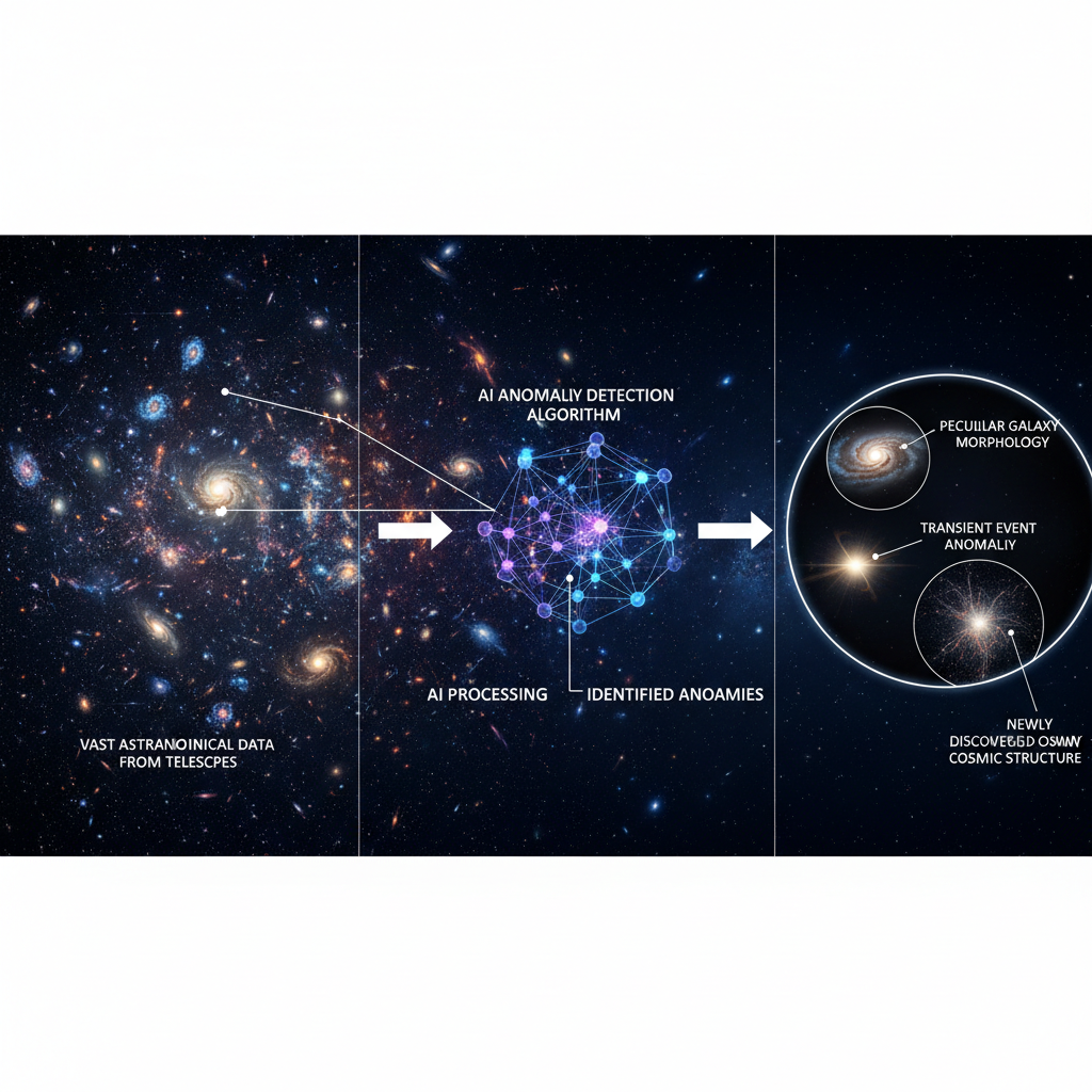Este infográfico demonstra como a inteligência artificial processa vastos volumes de dados astronômicos para identificar anomalias. O algoritmo de IA atua como um parceiro indispensável, destacando objetos raros e peculiares que seriam facilmente perdidos na imensidão de informações.